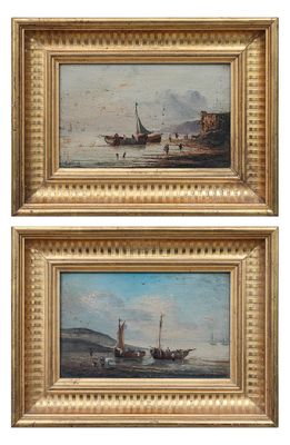 pair of oil paintings of boats on the water by a shore