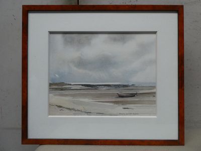 painting of a beach scene with a boat in the water