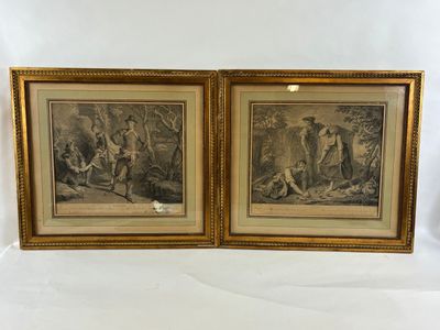 paire de gravures anciennes représentant un homme et une femme dans les bois