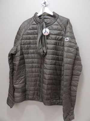 the jacket is grey and has a tie around the neck