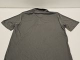 the back of a gray shirt on a white surface