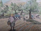 tableau représentant une femme marchant sur un chemin de terre, un panier sur l'épaule