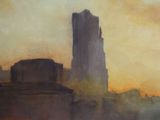an image of a painting of a cityscape with a sunset in the background