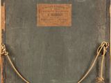 painting of a wooden frame with a rope on the bottom and a sign on the bottom
