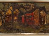 une peinture à l'huile représentant une maison avec une porte rouge devant un arbre