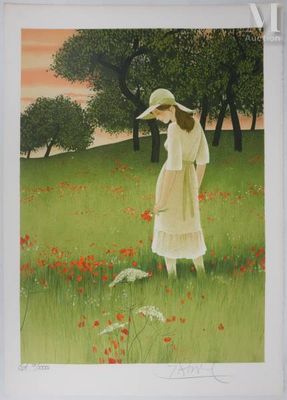 an image of a painting of a woman in a field of flowers
