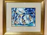 painting of a group of people sitting under a tree in a park
