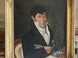 a painting of a man sitting in a chair holding a pen and paper