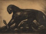 a black and white drawing of a monkey on a rock