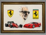 a painting of a man with sunglasses and a ferrari car
