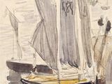 a watercolor painting of a sailboat on the water
