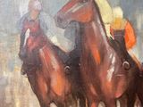 a painting of a group of horses racing down the track