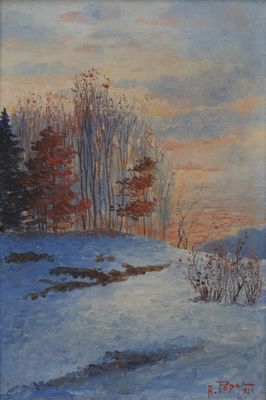 an oil painting of a snowy landscape with trees in the background
