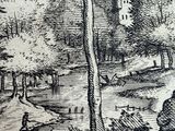 a black and white drawing of a man sitting on a bench in a park