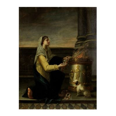 un tableau représentant une femme agenouillée à côté d'une urne et d'un chat
