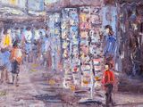 a painting of people walking down the street in the city