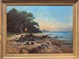 une peinture à l'huile représentant une scène de plage avec des rochers et des arbres