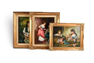 trois tableaux encadrés représentant une femme et deux enfants dans un jardin