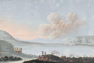 un tableau représentant un homme debout sur une colline surplombant un plan d'eau