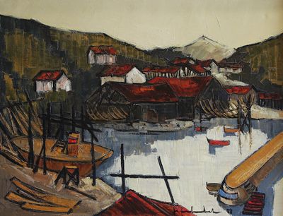 a painting of boats in a harbor with a mountain in the background