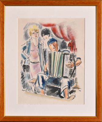 une image d'un tableau représentant un groupe de personnes assises sur un banc