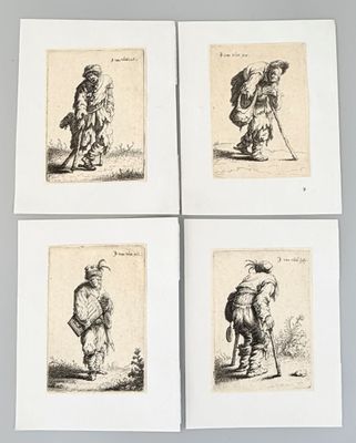 four prints of men with hats and canes on a table