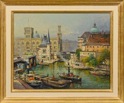 painting of a river scene with boats and buildings in the background
