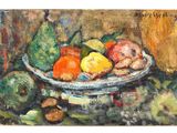 une peinture représentant une coupe de fruits sur une table
