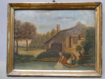 a painting on the wall of a house with a woman in a boat