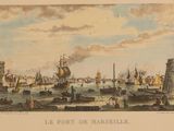 painting of a view of the port of marseille, with ships in the foreground