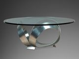 une table en verre avec un piètement en métal et un plateau circulaire en verre