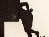 a black and white drawing of a man standing next to a door