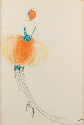 a drawing of a woman in an orange dress holding an orange ball
