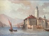a painting on the wall of a building with boats in the water