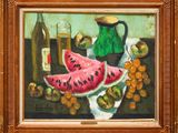 un tableau représentant une pastèque et des raisins posés sur une table