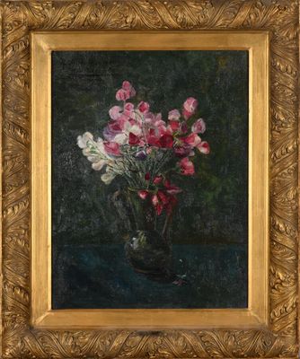 an oil painting of flowers in a vase on a table