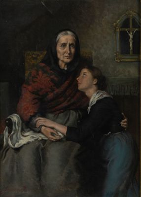 tableau représentant une vieille femme et une jeune fille assises dans une pièce