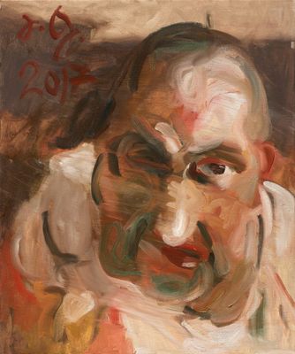 an oil painting of a man in a white shirt and a banana in his hand