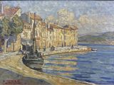 une peinture à l'huile représentant une scène de port avec un bateau au premier plan