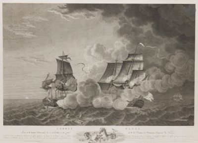 une vieille gravure représentant deux navires en pleine mer, d'où s'échappe de la fumée