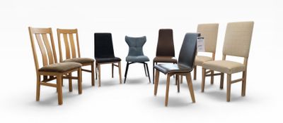 six chairs that are arranged in a circle on a white surface