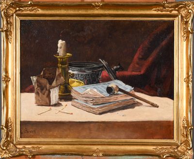 an oil painting of a still life with a candle, books, and a candle