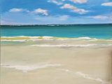 a painting of a beach scene with a blue sky and white clouds