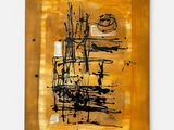 peinture abstraite représentant un tableau noir et jaune sur un mur blanc