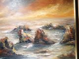 a painting of a painting of a sunset over the ocean