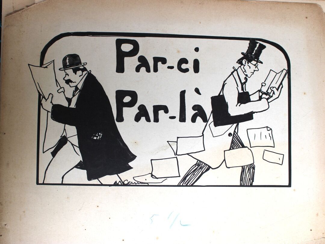 Important lot de dessins à l'encre et gravures humoristiques, probables projets d'illustrations pour les revues Pêle-...