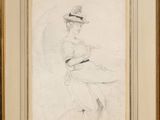 a drawing of a woman sitting in a chair with a hat on