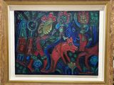 tableau représentant un homme à cheval, avec un chien devant lui