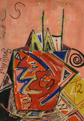 an image of a painting of a red vase with a lot of papers on it