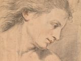 dessin représentant la tête d'une femme aux yeux fermés, dont les cheveux sont emportés par le vent